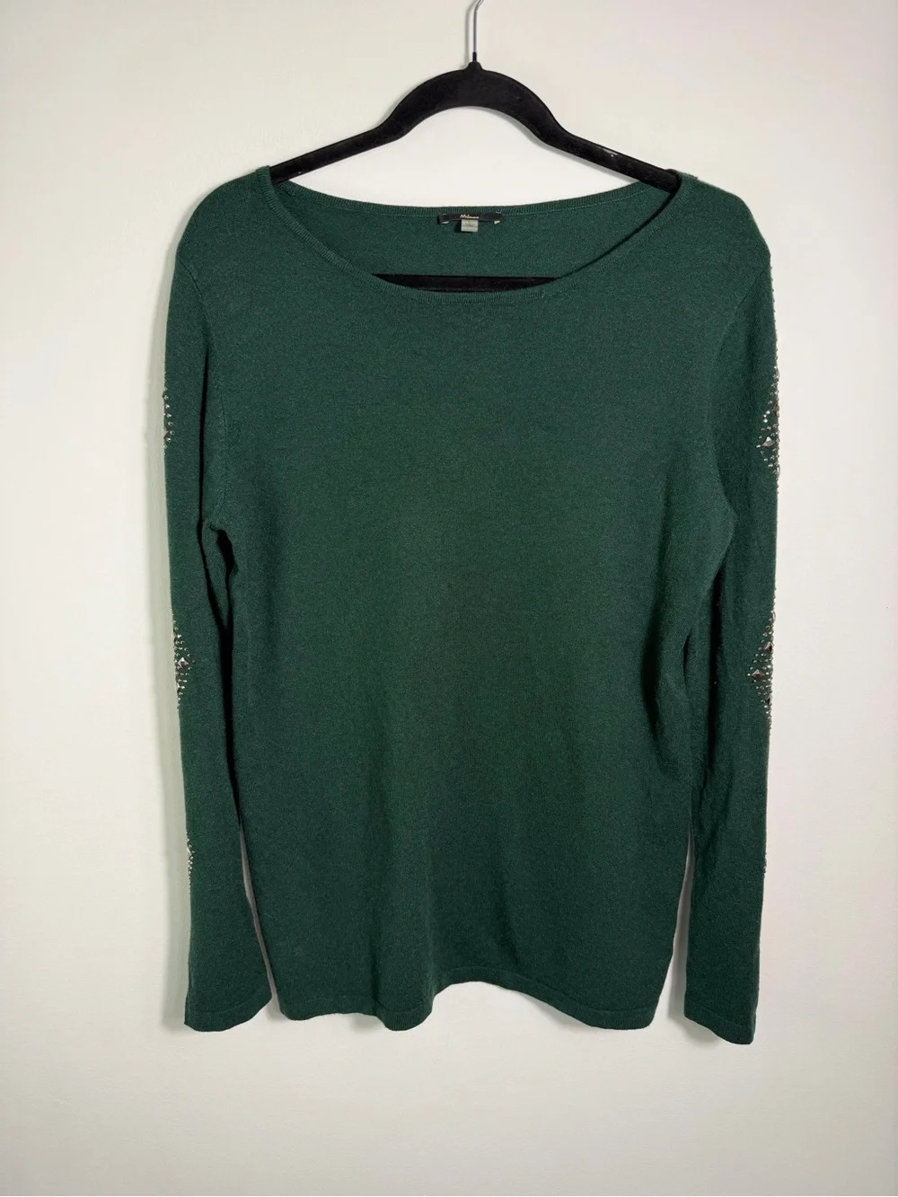 Milano Dark Forest Green Crewneck Sweater Embellished rhinestone Sleeves Large